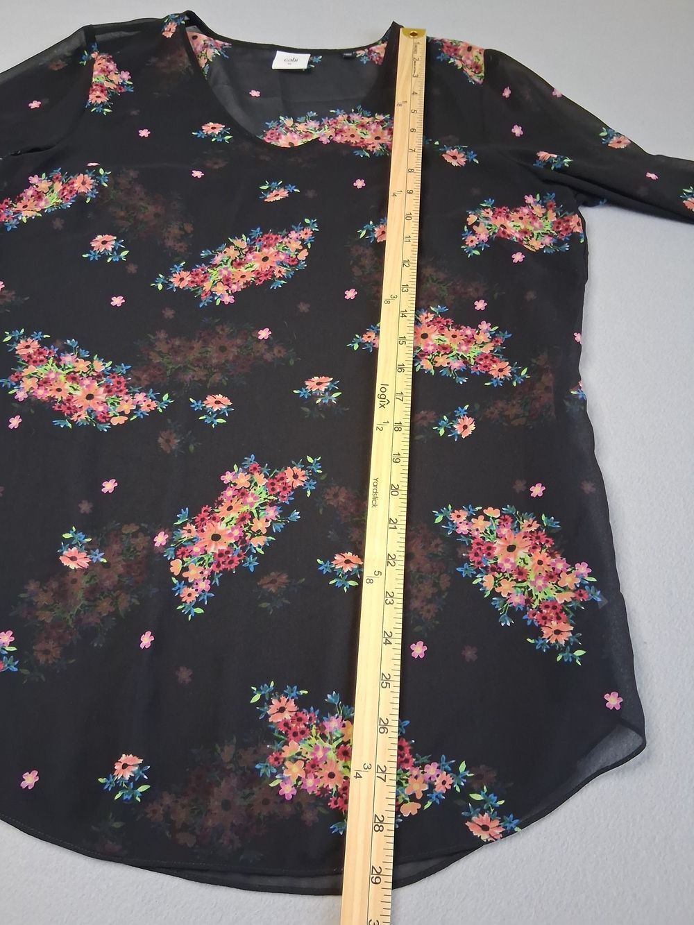 Cabi Floral Sheer Blouse Sz M Black Pink Long Sleeve Boho Peasant Top - Picture 6 of 8